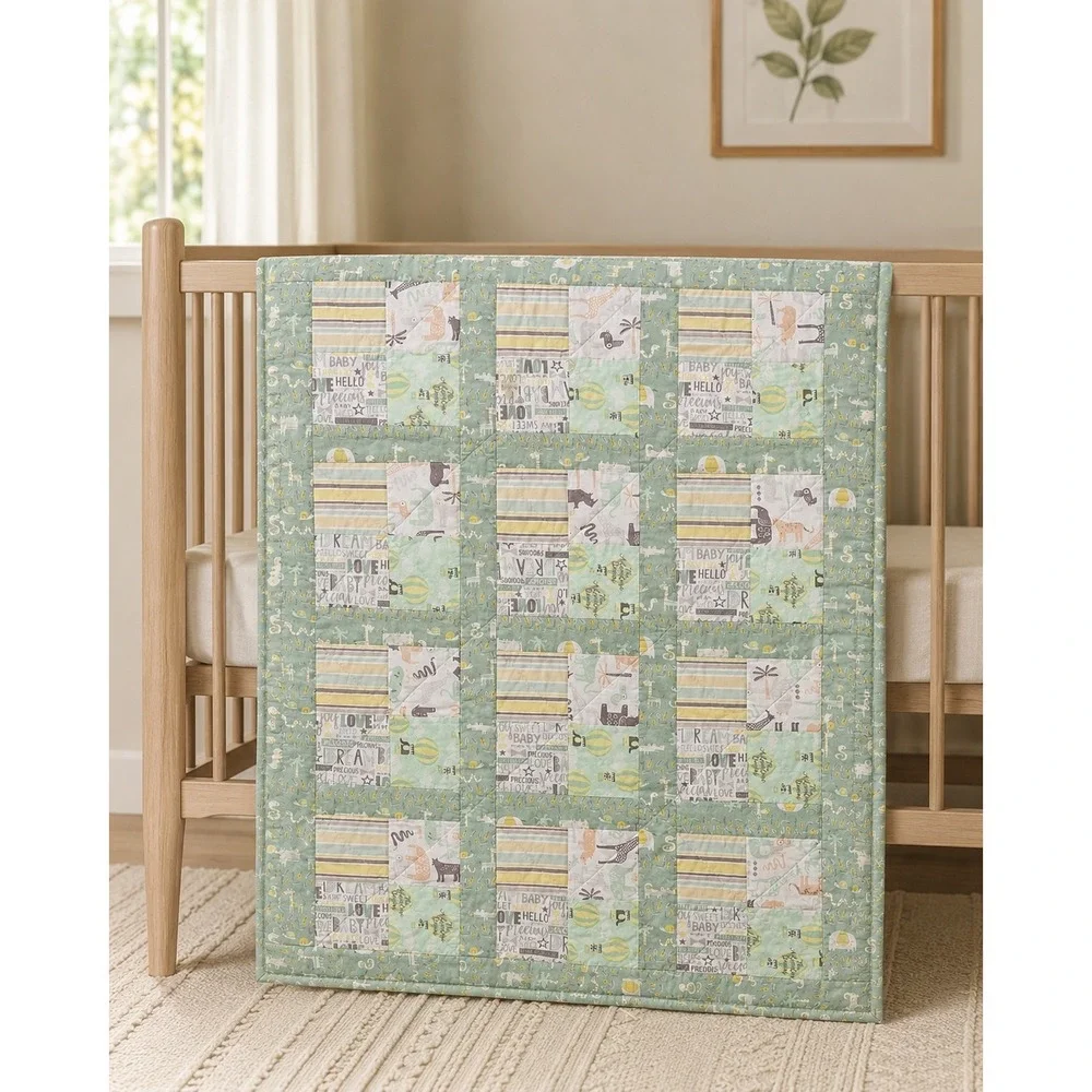 Vintage Baby Quilt 30x40 Safari Jungle Animals Sage Green Nursery Blanket